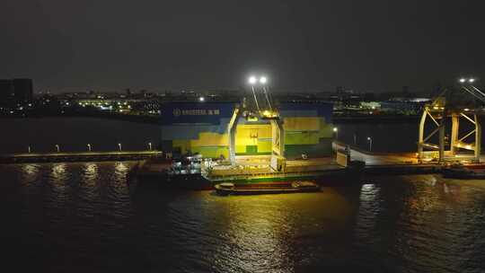 上海宝山宝钢货运码头夜晚夜景航拍
