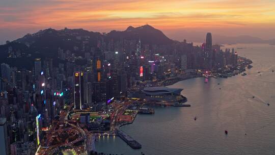 香港航拍港岛高楼大厦大景黄昏晚霞