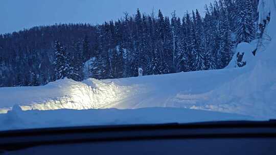 汽车行驶在大雪覆盖的新疆219国道上