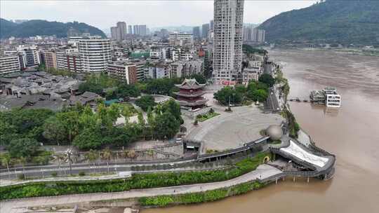 城市江边区域鸟瞰全景宜宾冠英古街