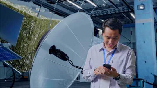 亚洲男性工人使用智能手机并通过航天器建造