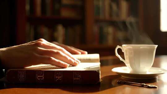 手抚书籍与咖啡杯的闲适场景
