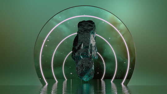 带有霓虹灯环和石头的太空水超现实主义讲台
