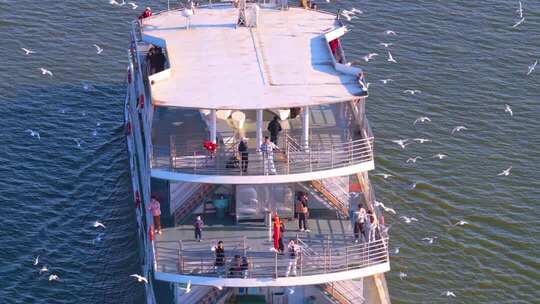 航拍滇池游船与海鸥