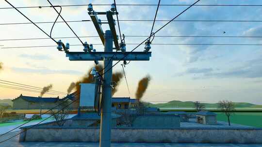 中国农村黄昏电线杆和电力供应