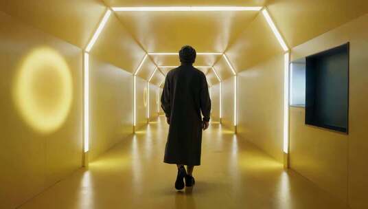 男子行走在未来感灯光走廊