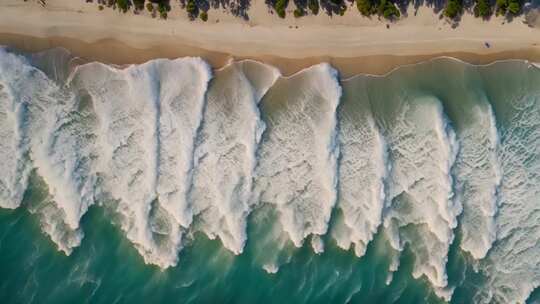 航拍海浪拍打沙滩全景