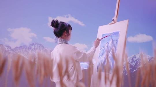 唯美文艺女孩珠峰雪山下写生画画空镜