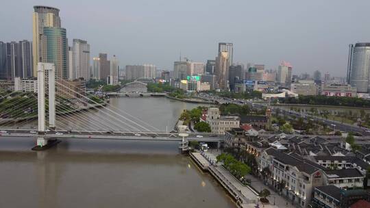 航拍宁波市中心地标性三江口建筑城市繁华