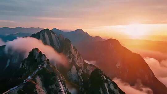 华山群山日落云雾环绕景观