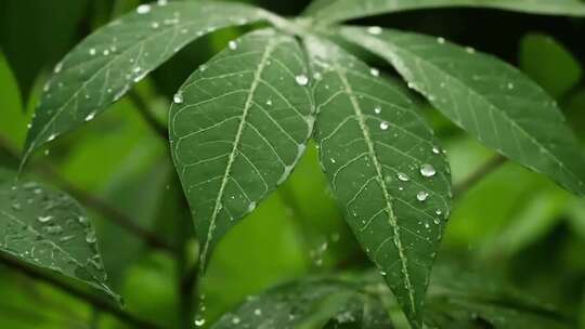 叶子上的水滴 雨中植物 雨点落在绿色植物上