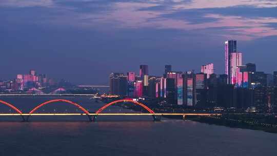 湖南长沙城市建筑风光傍晚晚霞夜景大气航拍