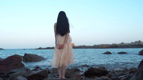美女站在海边看海背影海风吹动裙子裙摆飘动视频素材模板下载