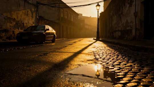 黄昏雨后老街光影氛围感电影感场景