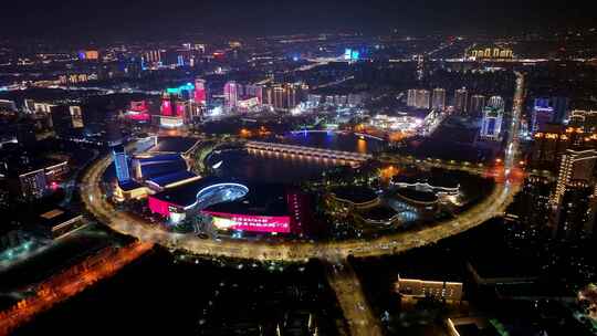 航拍扬州西区明月湖大桥夜景京华城商圈全景