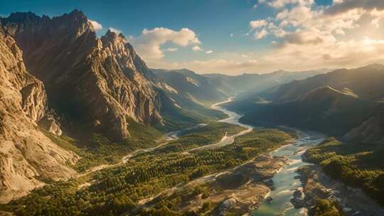 山谷河流自然风光全景