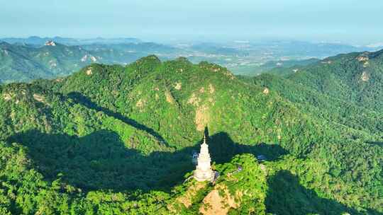 航拍植被茂密的山林及山上佛塔