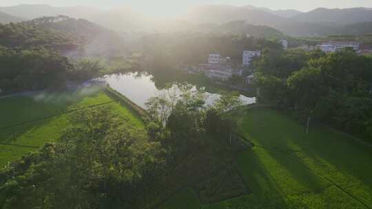 乡村田野河流航拍全景