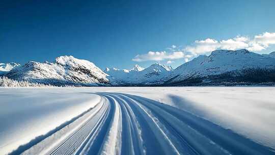 冬季行驶在雪山与公路上