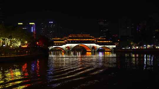 成都安顺廊桥夜景九眼桥夜晚水面灯光