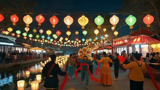 夜晚河边舞狮挂灯笼场景