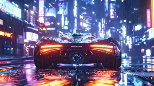 赛博朋克风雨夜城市跑车