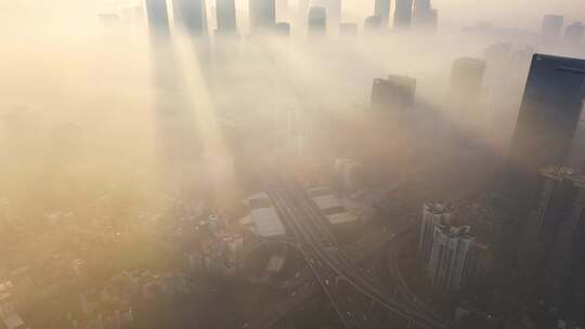 广州珠江新城日出光芒云海航拍