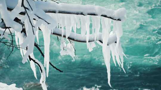 覆雪树枝挂冰凌河流景观