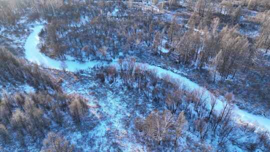 航拍冰雪覆盖的冻土森林湿地