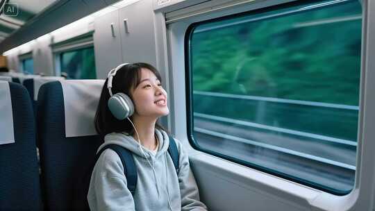 女孩高铁上戴耳机惬意望向窗外唱着青春的歌