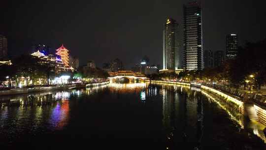 成都安顺廊桥酒吧一条街夜景航拍