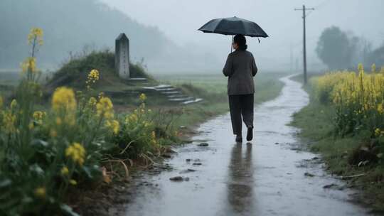 雨中撑伞行走的人物乡间小路
