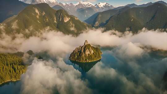 空中俯瞰山林湖泊云海景观