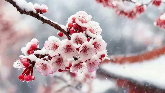 覆雪盛开的粉色花朵特写