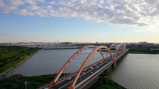 天津滨海生态城永定新河彩虹大桥城市风光