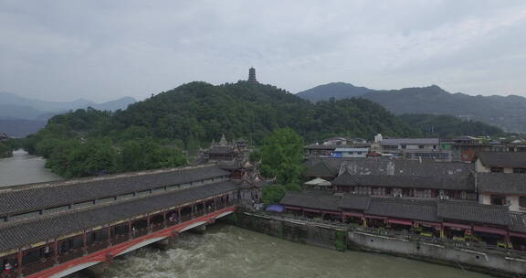 旅游景区 航拍从都江堰闸口到奎光塔 日景