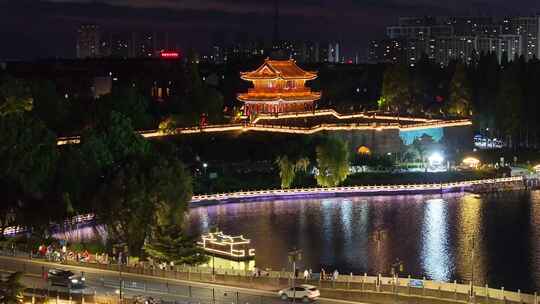 航拍荆州古城东门宾阳楼夜景