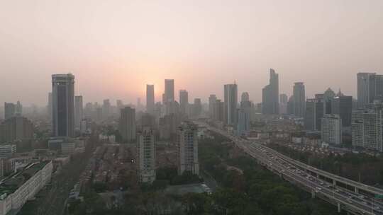 航拍上海高架日落  城市风光