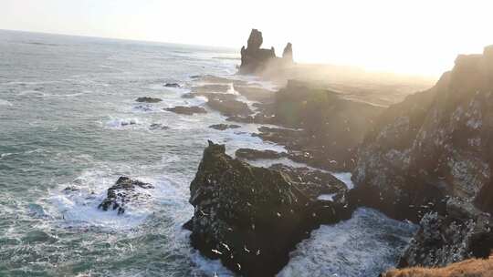 冰岛海蚀柱群日落美景 海鸥 悬崖