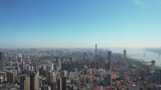 航拍城市天际线高楼与长江江景