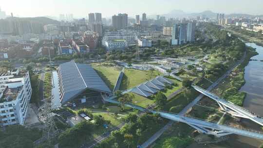 深圳光明区左岸科技公园航拍茅洲河碧道风景