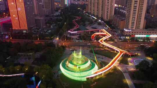 航拍枣庄水系治理空中栈道夜景