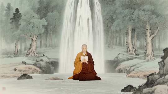 瀑布前僧人打坐阅读画面