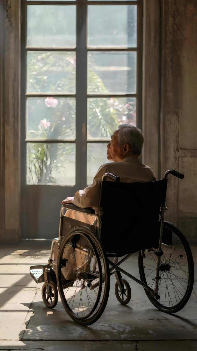 老人轮椅窗边沉思【4K】