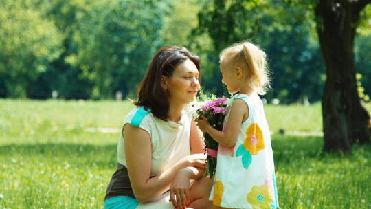 女孩送给妈妈一束鲜花后亲吻了妈妈视频素材模板下载