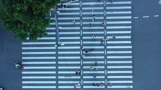 俯瞰行人通过斑马线画面