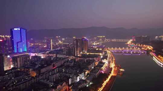 四川广元市区城市风光夜景航拍实时视频素材模板下载