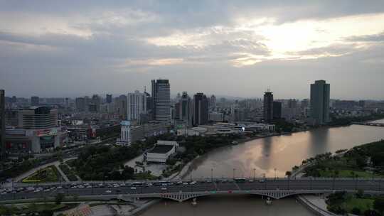 浙江宁波城市晚霞夜幕降临航拍