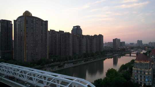 天津海河风景意识风情区日落城市风光航拍