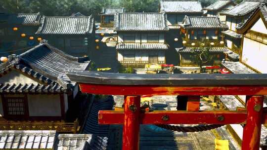 日本 东京庙宇屋顶与彩色经幡景观